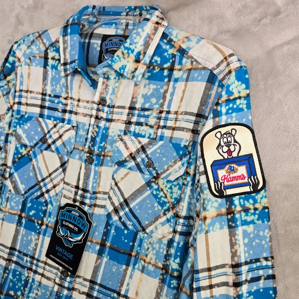 Angry Minnow Clothing Co Mens medium Long Sleeve Plaid Flannel Shirt Hamm's Beer
